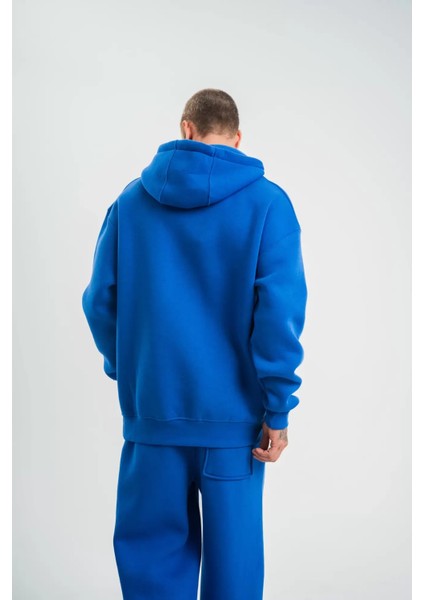 Unisex Double Oversize Kapşonlu Basic Sweatshirt - Mavi