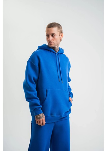 Unisex Double Oversize Kapşonlu Basic Sweatshirt - Mavi
