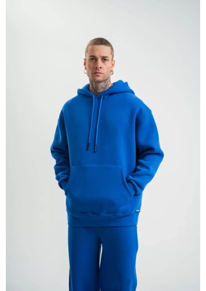 Unisex Double Oversize Kapşonlu Basic Sweatshirt - Mavi