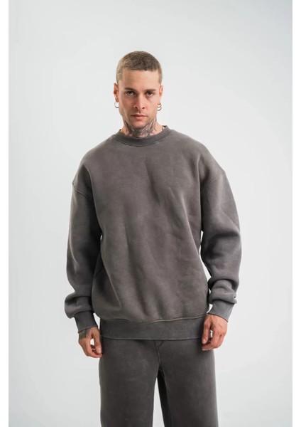 Unisex Uzun Kol Bisiklet Yaka Yıkamalı Sweatshirt - Füme