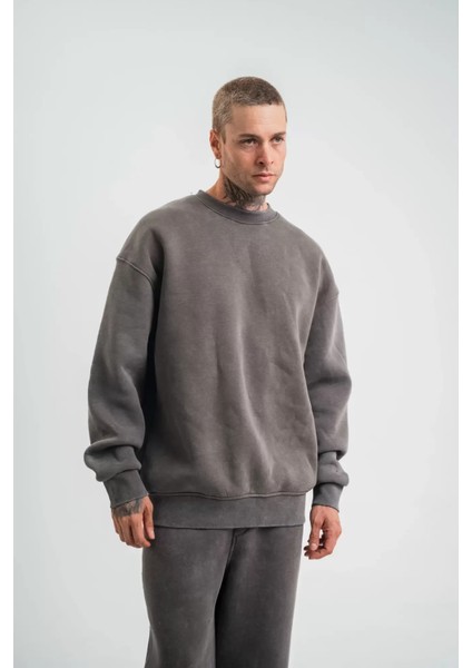 Unisex Uzun Kol Bisiklet Yaka Yıkamalı Sweatshirt - Füme