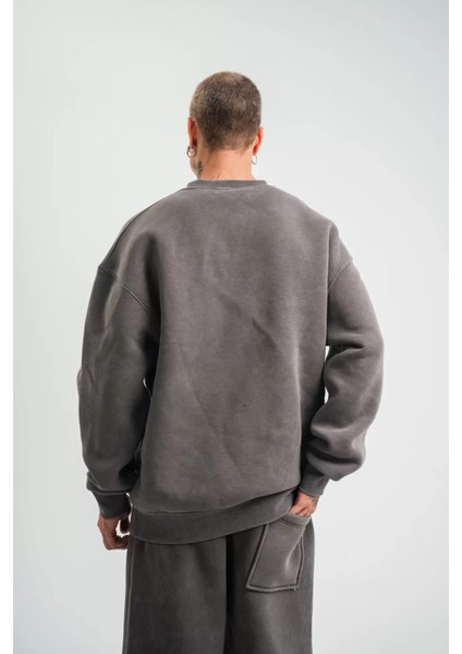 Unisex Uzun Kol Bisiklet Yaka Yıkamalı Sweatshirt - Füme