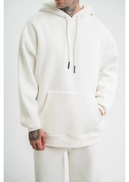 Unisex Double Oversize Kapşonlu Basic Sweatshirt - Beyaz