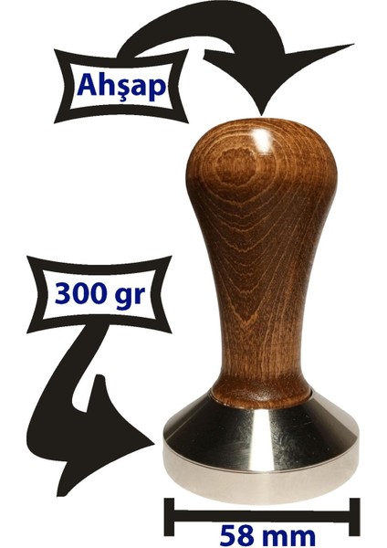 Vodinox Cafe Bar Barista Ekipmanları Kahve Espresso Tamper Temper Inox Paslanmaz Ahşap Saplı 58 mm