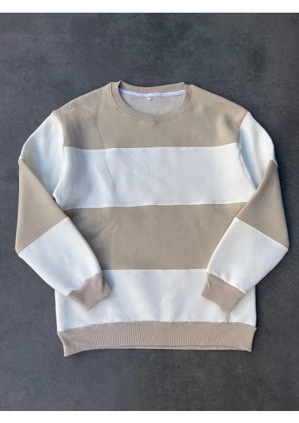 Parçalı Bisiklet Yaka Baskılı Sweatshirt - Bej