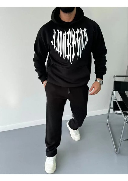 Uzun Kol Kapşonlu Baskılı Sweatshirt - Siyah indirimleri