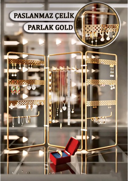 Çelik Premium 3’lü Gold Takı Standı/ Küpe,bileklik, Kolye Düzenleyici/ Takı Kutusu