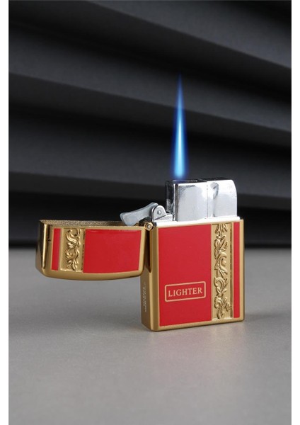Kapaklı Altın Işlemeli Güçlü Torch Kırmızı Gazlı Çakmak CAKSM049M