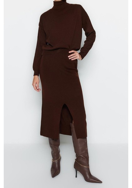 Tarz Kadın Modern Moda Normal Bel Boru Paça Balıkçı Yaka Balıkçı Yaka Triko Etekli Alt-Üst Takım indirimleri