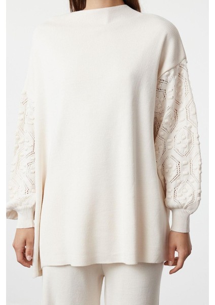 Tarz Kadın Modern Yüksek Bel Geniş Paça Bisiklet Yaka Kolları Ajur Örgülü Kazak-Pantolon Triko Takım