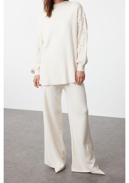 Tarz Kadın Modern Yüksek Bel Geniş Paça Bisiklet Yaka Kolları Ajur Örgülü Kazak-Pantolon Triko Takım fiyatları