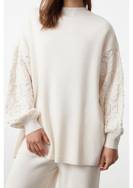 Tarz Kadın Modern Yüksek Bel Geniş Paça Bisiklet Yaka Kolları Ajur Örgülü Kazak-Pantolon Triko Takım fırsatları