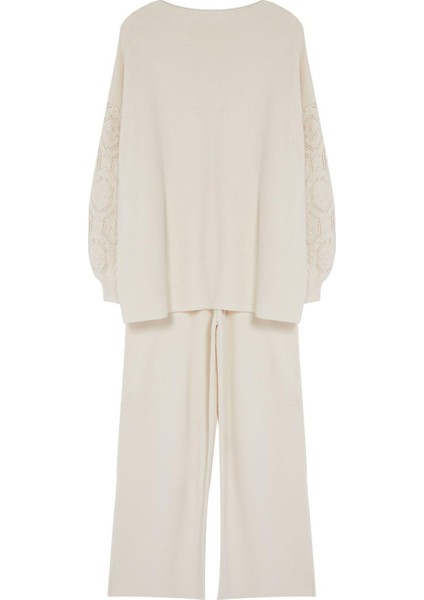 Tarz Kadın Modern Yüksek Bel Geniş Paça Bisiklet Yaka Kolları Ajur Örgülü Kazak-Pantolon Triko Takım indirimleri