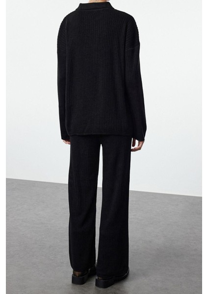 Tarz Kadın Modern Moda Normal Bel Boru Paça Polo Yaka Basic Polo Yaka Triko Alt-Üst Takım modelleri