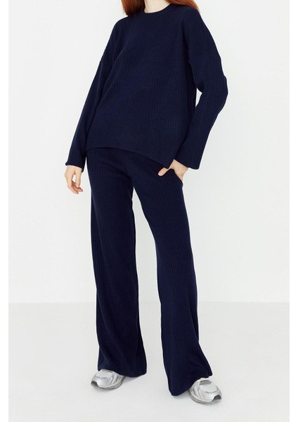 Tarz Kadın Modern Moda Normal Bel Boru Paça Bisiklet Yaka Basic Bisiklet Yaka Triko Alt-Üst Takım