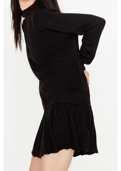 Tarz Kadın Modern Moda Yüksek Bel Geniş Paça Dik Yaka Pileli Etekli Triko Alt-Üst Takım fiyatları