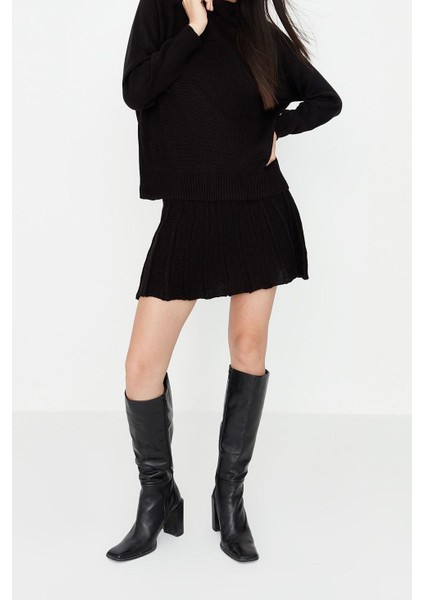 Tarz Kadın Modern Moda Yüksek Bel Geniş Paça Dik Yaka Pileli Etekli Triko Alt-Üst Takım fırsatları