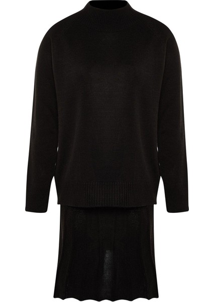 Tarz Kadın Modern Moda Yüksek Bel Geniş Paça Dik Yaka Pileli Etekli Triko Alt-Üst Takım indirimleri