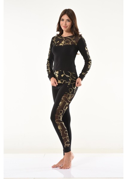 Derya Kurşun Varaklı Transparan Detaylı Tayt Takım 1130 Siyah L-Xl