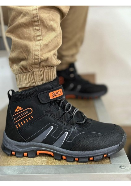 Bantlı Unisex Uzun Çocuk Spor Outdoor Ayakkabı-Siyah-Oranj