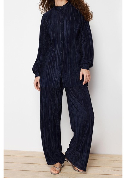 Tarz Kadın Modern Moda Normal Bel Boru Paça V Yaka Piliseli Örme Alt-Üst Takım