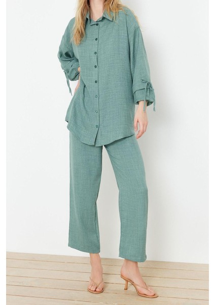 Tarz Kadın Modern Moda Normal Bel Boru Paça V Yaka Keten Görünümlü Dokuma Alt-Üst Takım