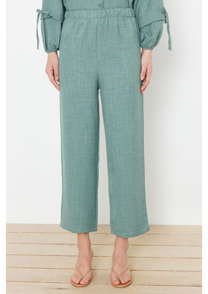 Tarz Kadın Modern Moda Normal Bel Boru Paça V Yaka Keten Görünümlü Dokuma Alt-Üst Takım modelleri