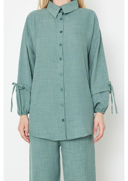 Tarz Kadın Modern Moda Normal Bel Boru Paça V Yaka Keten Görünümlü Dokuma Alt-Üst Takım fırsatları