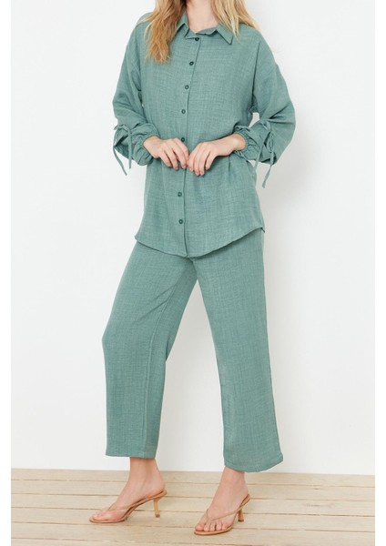 Tarz Kadın Modern Moda Normal Bel Boru Paça V Yaka Keten Görünümlü Dokuma Alt-Üst Takım indirimleri