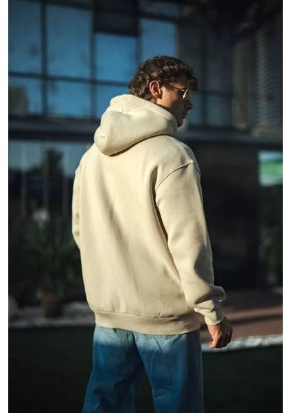 Üç Iplik Penye Kapşonlu Basic Sweatshirt - Bej