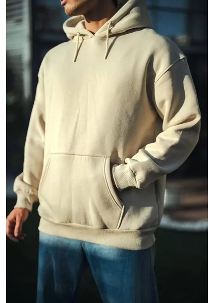 Üç Iplik Penye Kapşonlu Basic Sweatshirt - Bej