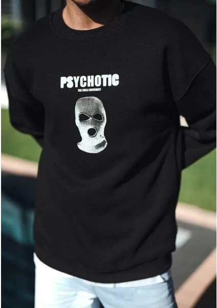 Kışlık Bisiklet Yaka Baskılı Sweatshirt - Siyah