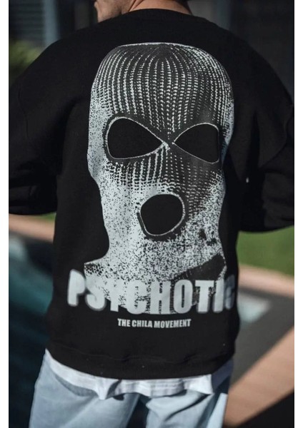 Kışlık Bisiklet Yaka Baskılı Sweatshirt - Siyah