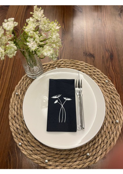 Gümüş Yaldızlı Siyah Havuç Çiçeği Peçete 16 Adet