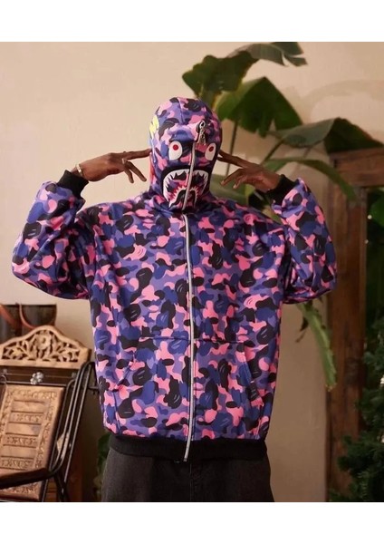 Unisex 2 Iplik Bape Kapüşonu Fermuarlı Hırka - Mor