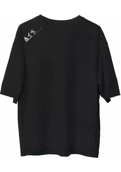 Unisex Bisiklet Yaka Baskılı Oversize T-Shirt - Siyah