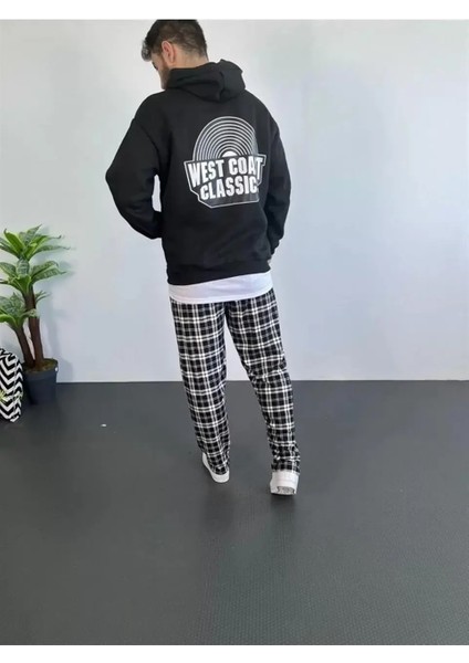 Erkek Sırt Baskılı Kapüşonlu Üç Iplik Oversize Sweatshirt - Siyah