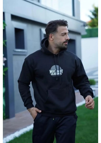 Erkek Sırt Baskılı Kapüşonlu Üç Iplik Oversize Sweatshirt - Siyah