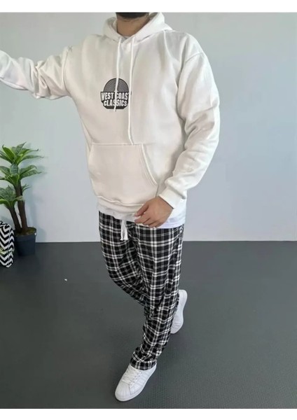 Erkek Baskılı Üç Iplik Kapüşonlu Oversize Sweatshirt - Beyaz