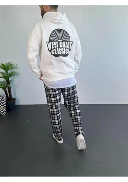 Erkek Baskılı Üç Iplik Kapüşonlu Oversize Sweatshirt - Beyaz