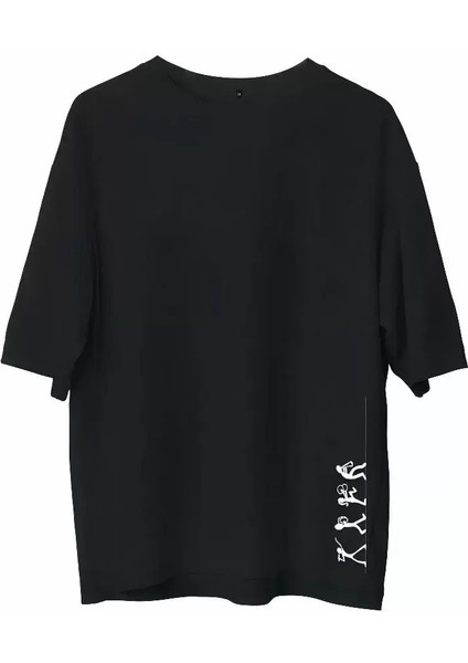 Unisex Bisiklet Yaka Baskılı Oversize T-Shirt - Siyah