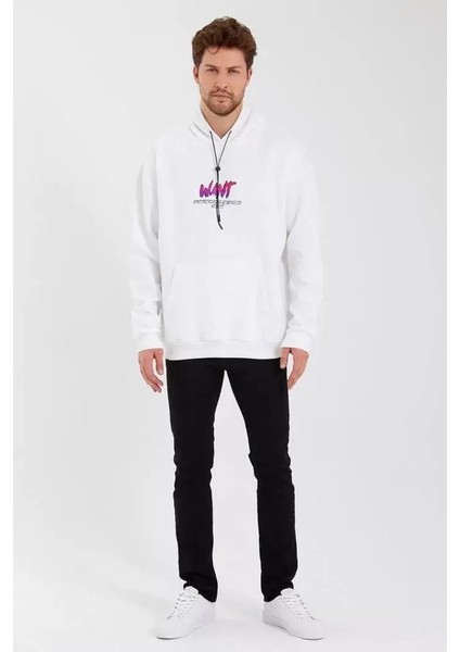 Erkek Baskılı Üç Iplik Kapüşonlu Oversize Sweatshirt - Beyaz