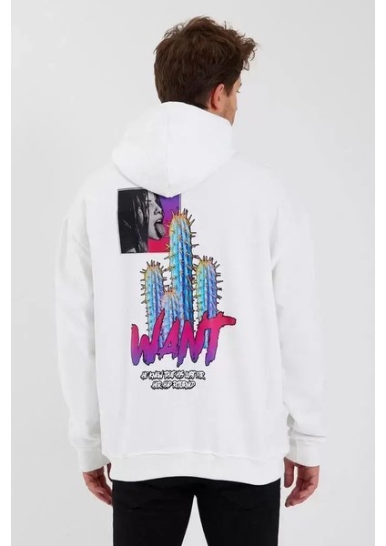 Erkek Baskılı Üç Iplik Kapüşonlu Oversize Sweatshirt - Beyaz