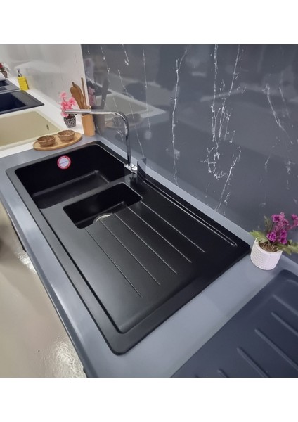 - Granit Eviye - Siyah Renk - 100X50 cm - 1.5 Gözlü Damlalıklı Mutfak Eviyesi