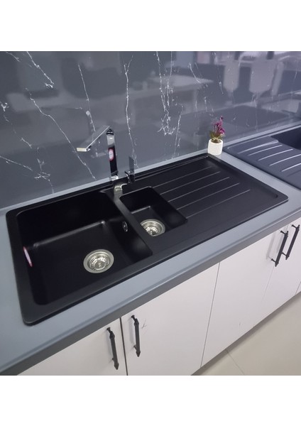 - Granit Eviye - Siyah Renk - 100X50 cm - 1.5 Gözlü Damlalıklı Mutfak Eviyesi fiyatları