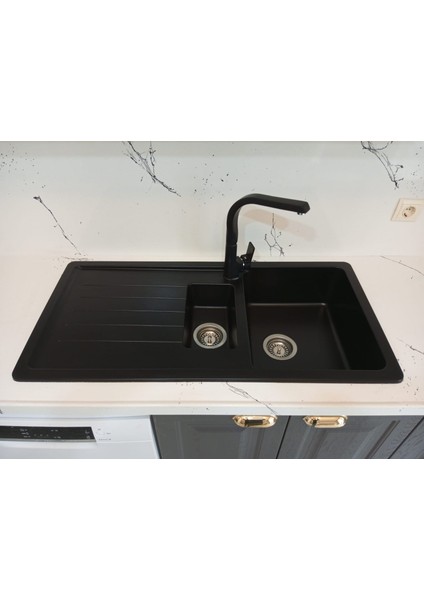 - Granit Eviye - Siyah Renk - 100X50 cm - 1.5 Gözlü Damlalıklı Mutfak Eviyesi