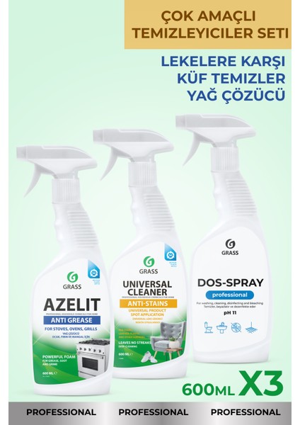 Temizlik 3 adet set "Azelit" Yağ Çözücü, "Universal Cleaner" Lekelere karşı, Dos Spray Küf temizler (600 ml x3)