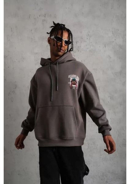 Erkek School Boy Baskılı Kapüşonlu Sweat - Gri