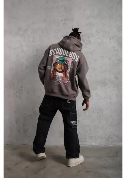 Erkek School Boy Baskılı Kapüşonlu Sweat - Gri