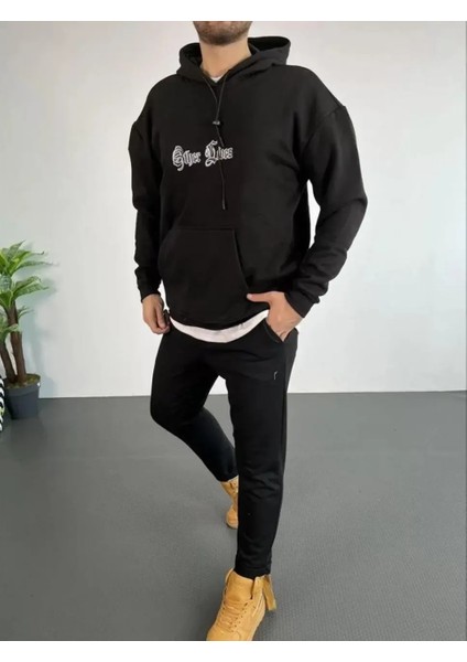 Erkek Sırt Baskılı Oversize Üç Iplik Kapüşonlu Sweatshirt - Siyah